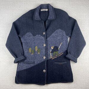 Vintage Sweater Jacket Womens Small Navy Blue Wool Fleece Nordic Ski Winter